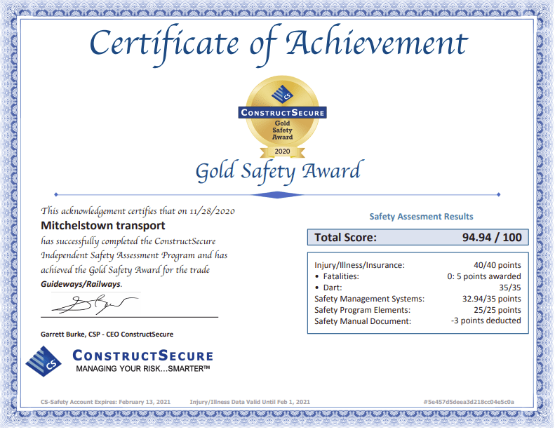 Gold Safety Standard certificate